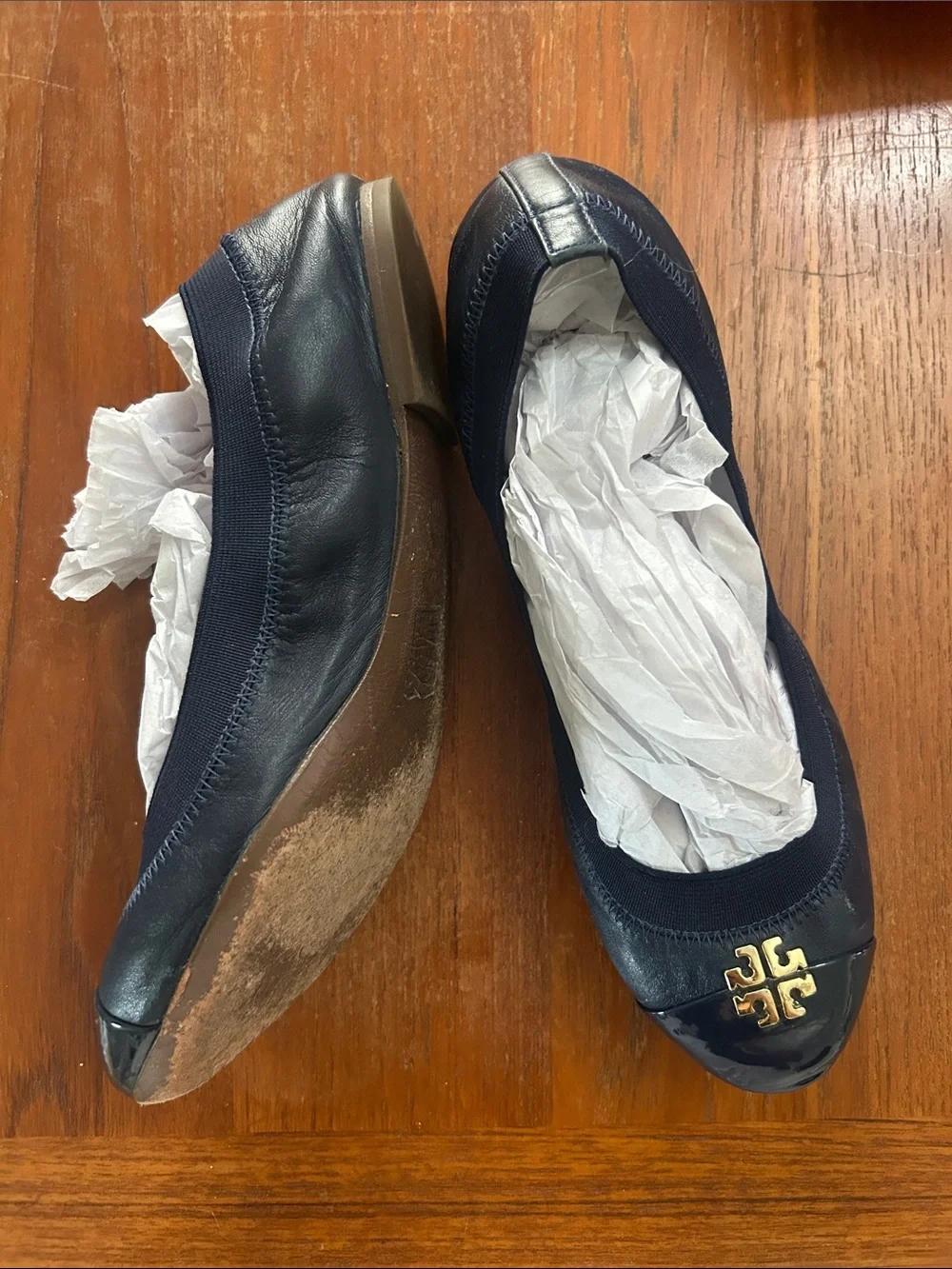 Tory Burch Navy Leather Ballet Flats with Gold Logo Emblem
